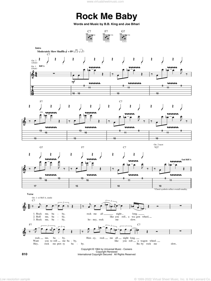 Rock Me Baby sheet music for guitar (tablature) by B.B. King, Johnny Winter and Joe Bihari, intermediate skill level