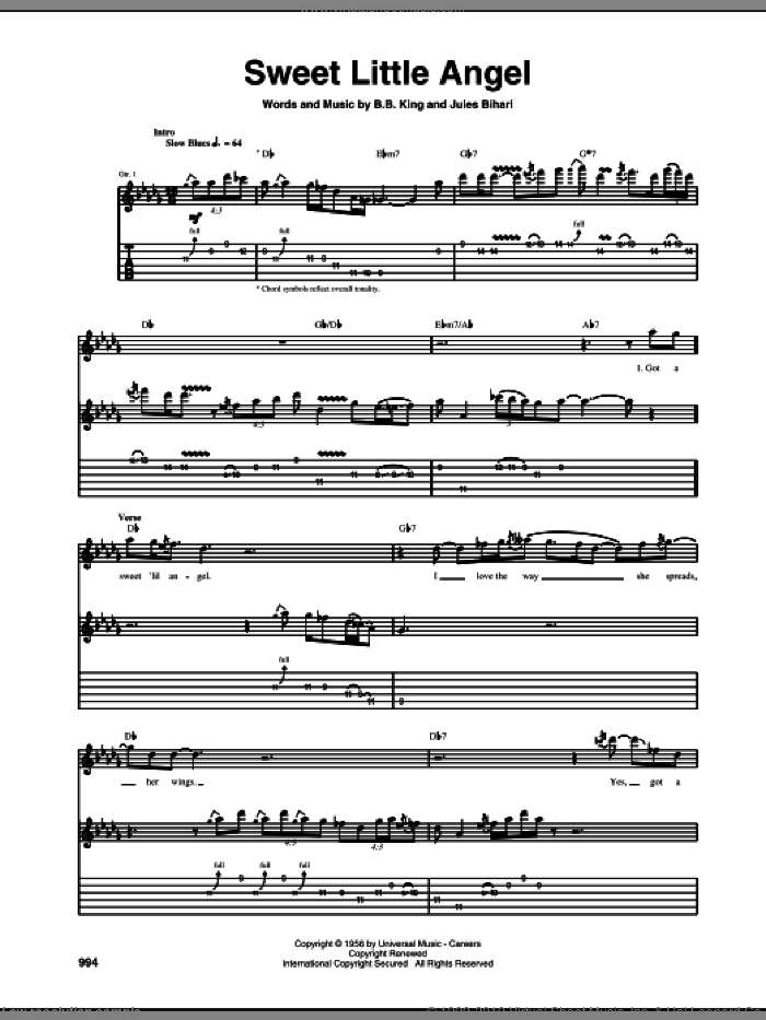Sweet Little Angel sheet music for guitar (tablature) by B.B. King and Jules Bihari, intermediate skill level