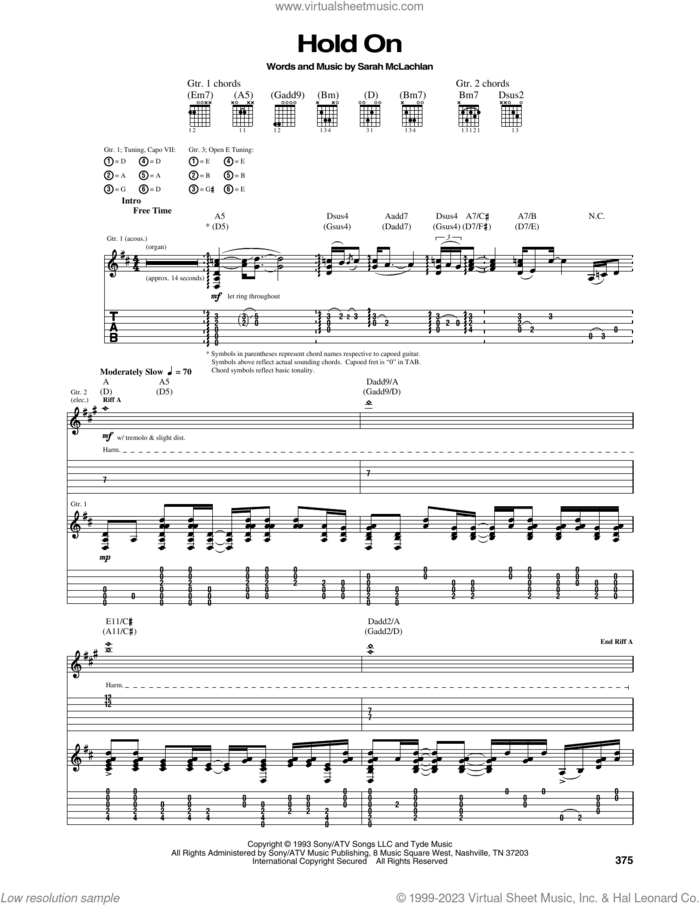 Hold On sheet music for guitar (tablature) by Sarah McLachlan, intermediate skill level