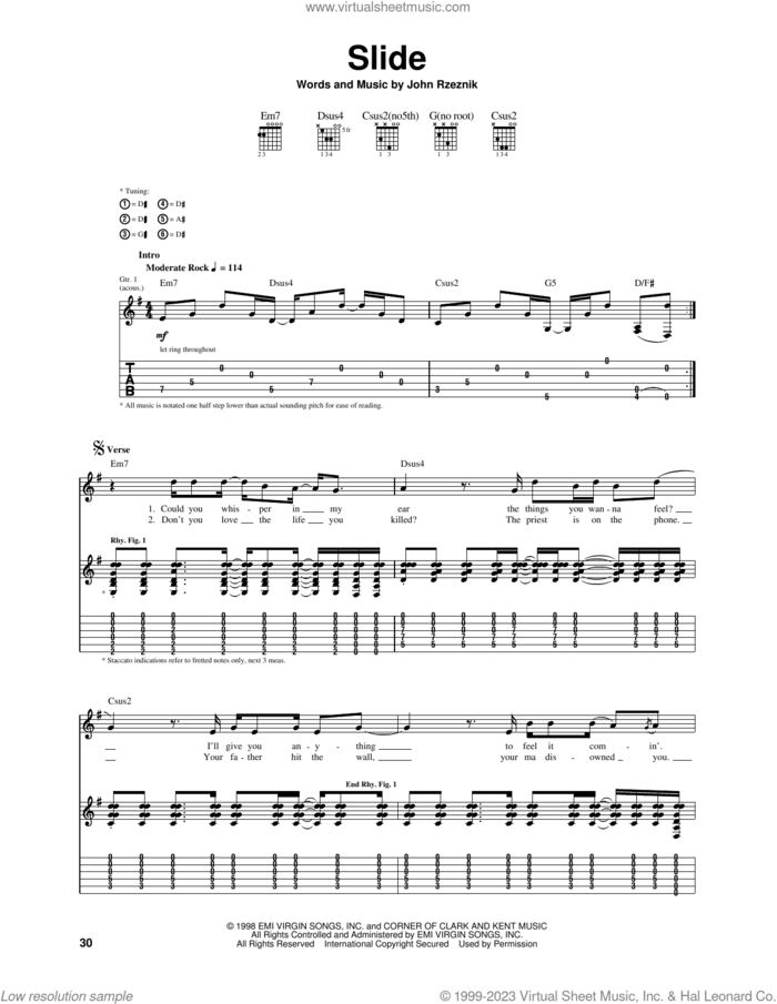 Slide sheet music for guitar (tablature) by The Goo Goo Dolls and John Rzeznik, intermediate skill level
