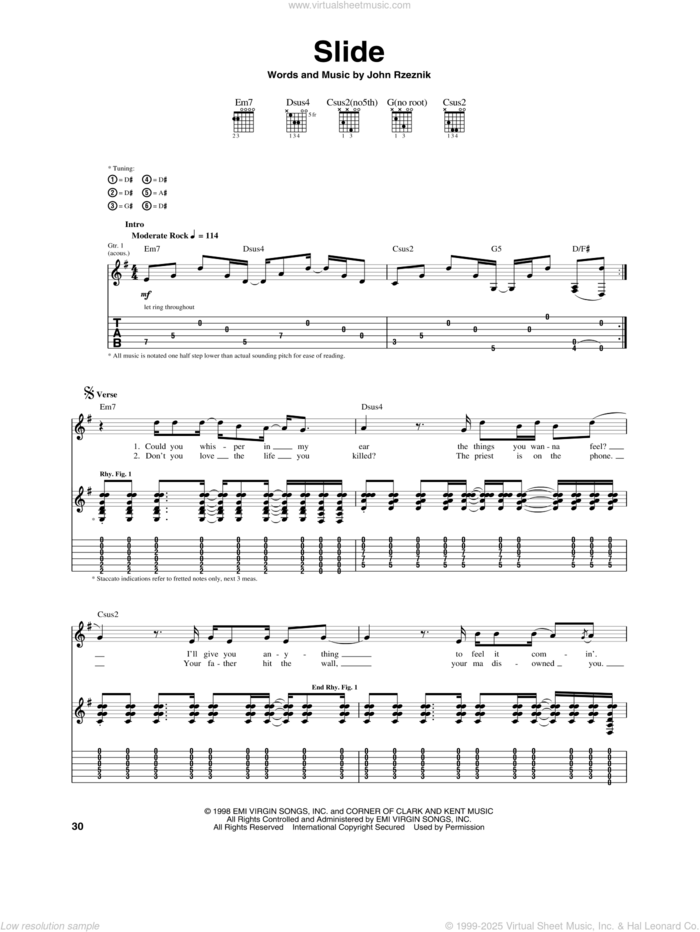 Slide sheet music for guitar (tablature) by The Goo Goo Dolls and John Rzeznik, intermediate skill level