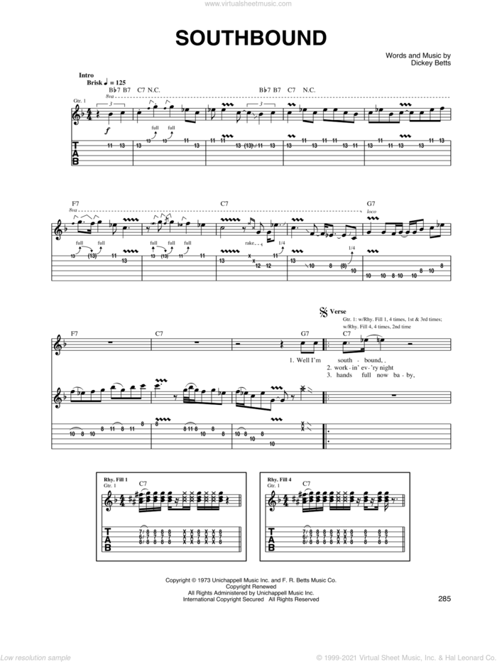 Southbound sheet music for guitar (tablature) by Allman Brothers Band, The Allman Brothers Band and Dickey Betts, intermediate skill level
