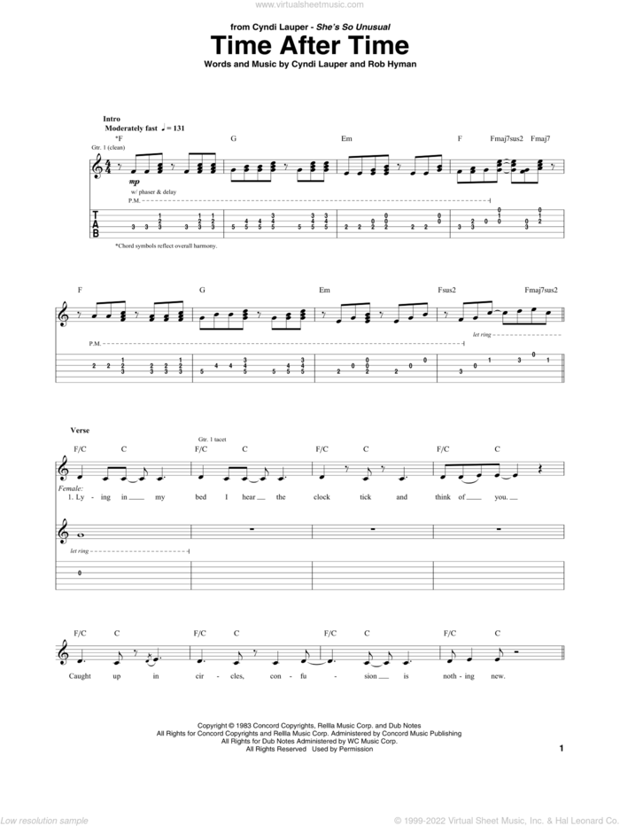 Time After Time sheet music for guitar (tablature) by Cyndi Lauper and Rob Hyman, intermediate skill level