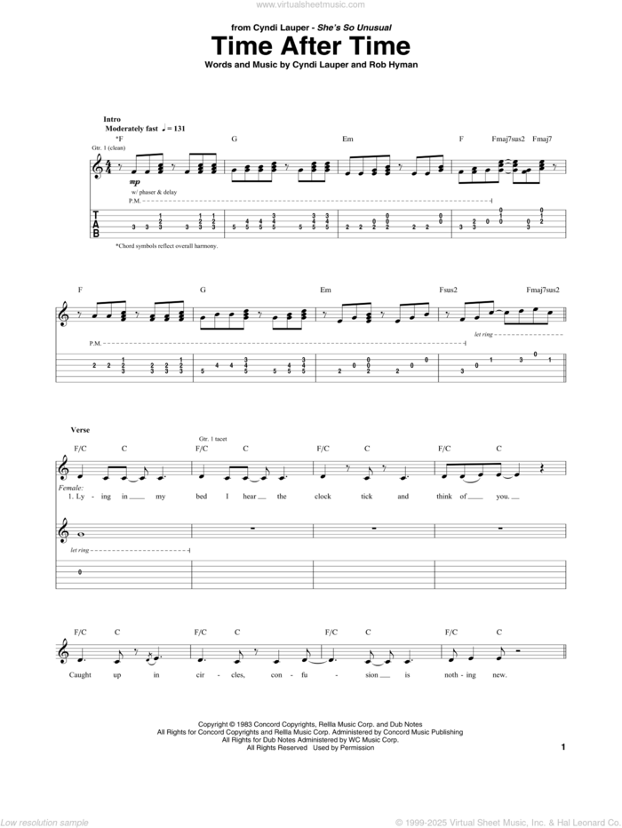 Time After Time sheet music for guitar (tablature) by Cyndi Lauper and Rob Hyman, intermediate skill level