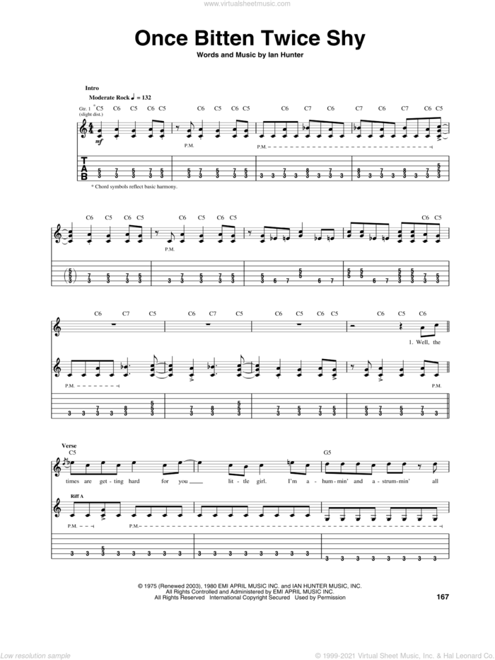 Once Bitten Twice Shy sheet music for guitar (tablature) by Great White and Ian Hunter, intermediate skill level
