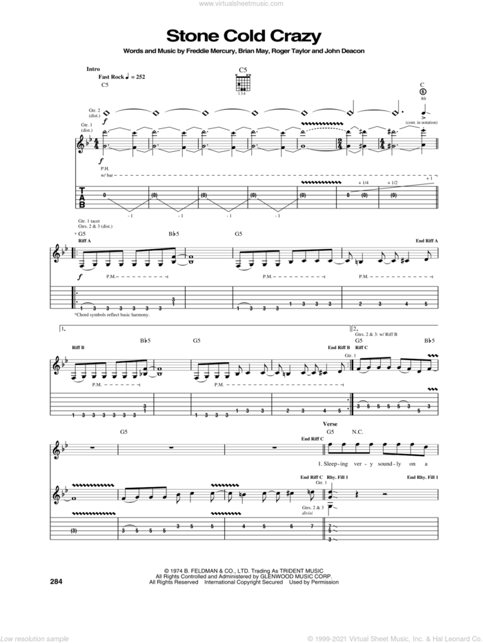 Stone Cold Crazy sheet music for guitar (tablature) by Queen, Metallica, Brian May, Freddie Mercury, John Deacon and Roger Taylor, intermediate skill level
