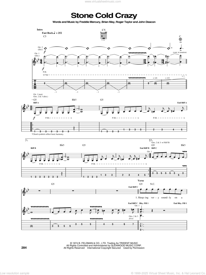 Stone Cold Crazy sheet music for guitar (tablature) by Queen, Metallica, Brian May, Freddie Mercury, John Deacon and Roger Taylor, intermediate skill level