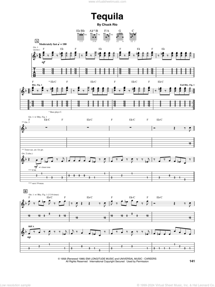Tequila sheet music for guitar (tablature) by The Champs and Chuck Rio, intermediate skill level