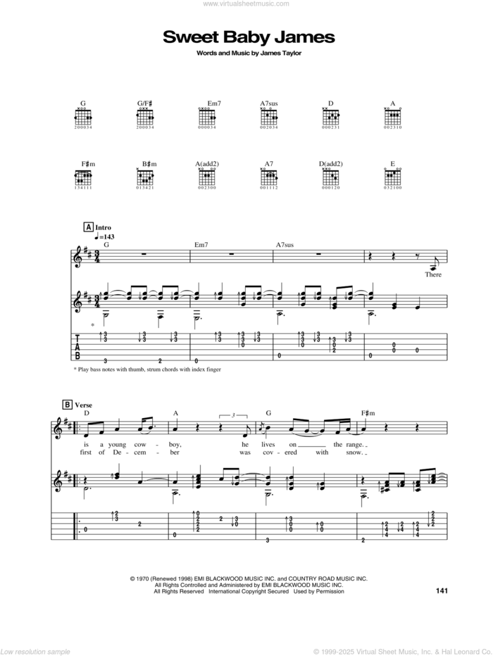 Sweet Baby James sheet music for guitar (tablature) by James Taylor, intermediate skill level