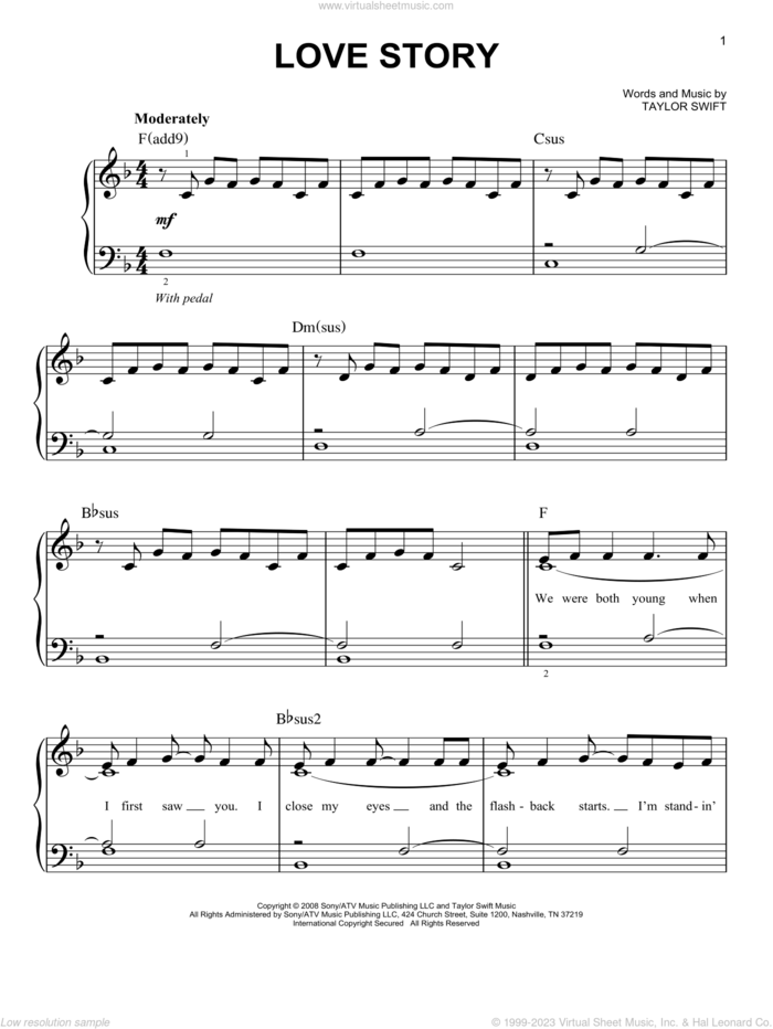 Love Story sheet music for piano solo by Taylor Swift, easy skill level