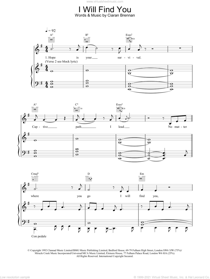 I Will Find You sheet music for voice, piano or guitar by Clannad, intermediate skill level
