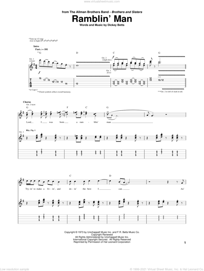 Ramblin' Man sheet music for guitar (tablature) by Allman Brothers Band, The Allman Brothers Band and Dickey Betts, intermediate skill level