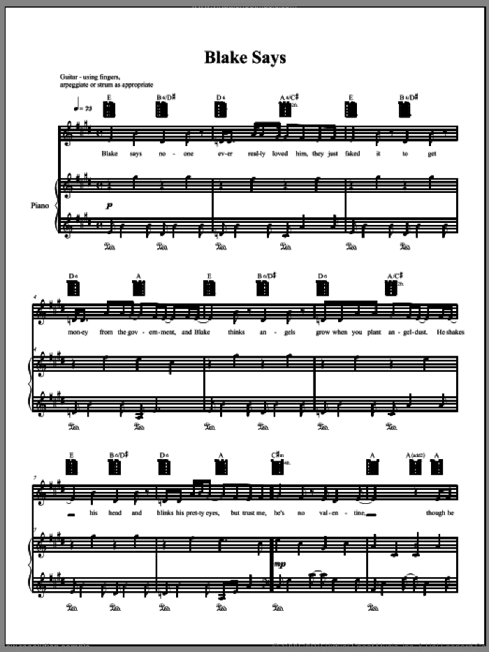 Blake Says sheet music for voice, piano or guitar by Amanda Palmer, intermediate skill level