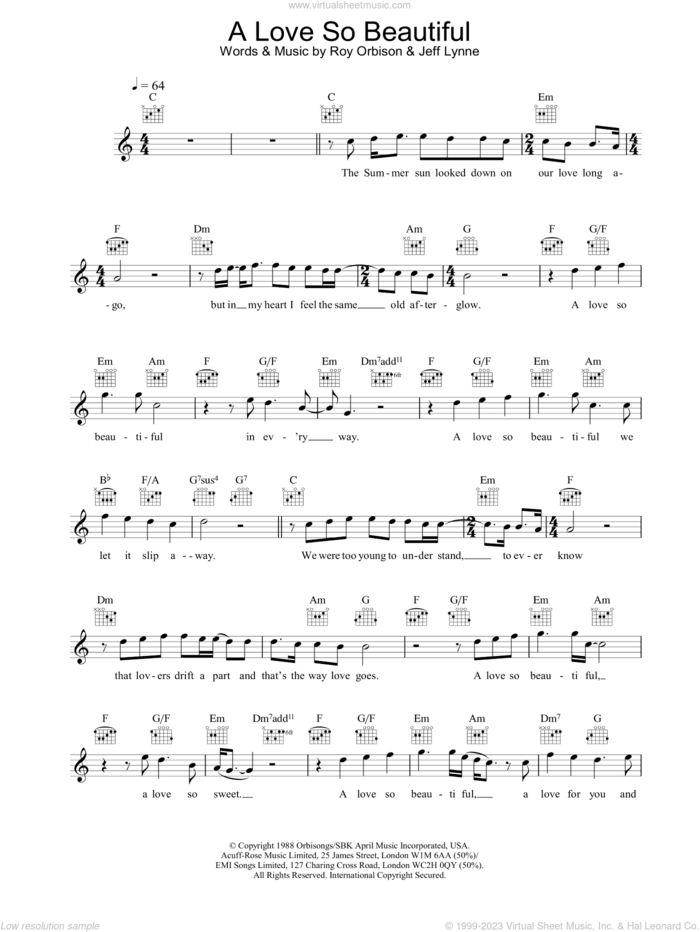 A Love So Beautiful sheet music for voice and other instruments (fake book) by Roy Orbison and Jeff Lynne, intermediate skill level