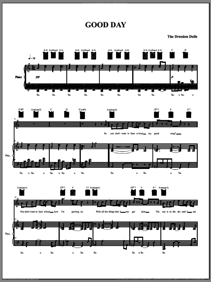 Good Day sheet music for voice, piano or guitar by The Dresden Dolls and Amanda Palmer, intermediate skill level