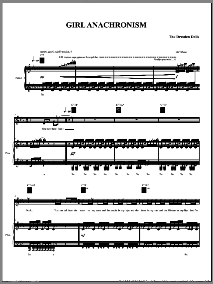 Girl Anachronism sheet music for voice, piano or guitar by The Dresden Dolls and Amanda Palmer, intermediate skill level