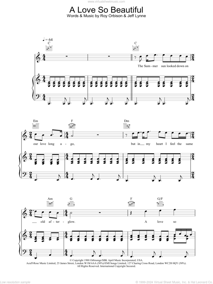 A Love So Beautiful sheet music for voice, piano or guitar by Roy Orbison, intermediate skill level