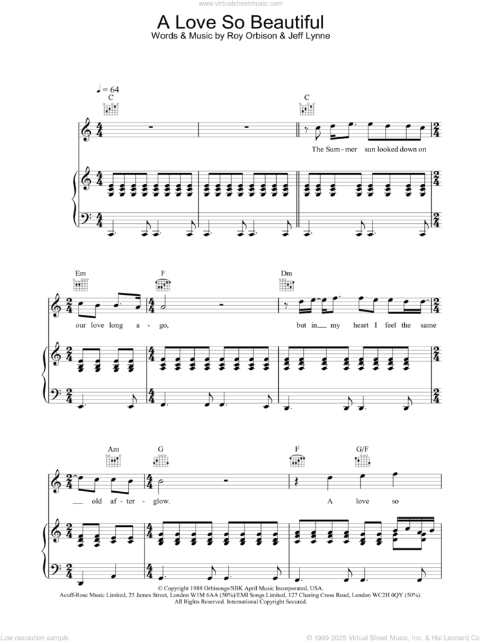 A Love So Beautiful sheet music for voice, piano or guitar by Roy Orbison, intermediate skill level