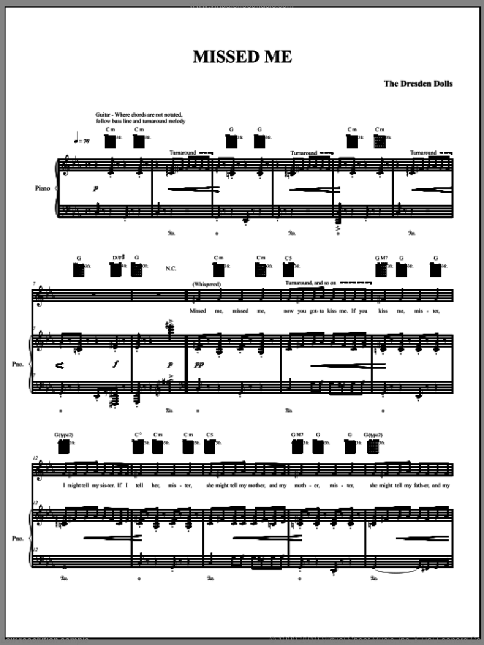 Missed Me sheet music for voice, piano or guitar by The Dresden Dolls and Amanda Palmer, intermediate skill level