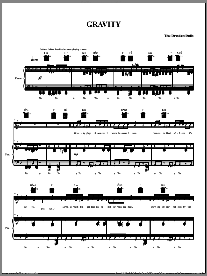 Gravity sheet music for voice, piano or guitar by The Dresden Dolls and Amanda Palmer, intermediate skill level