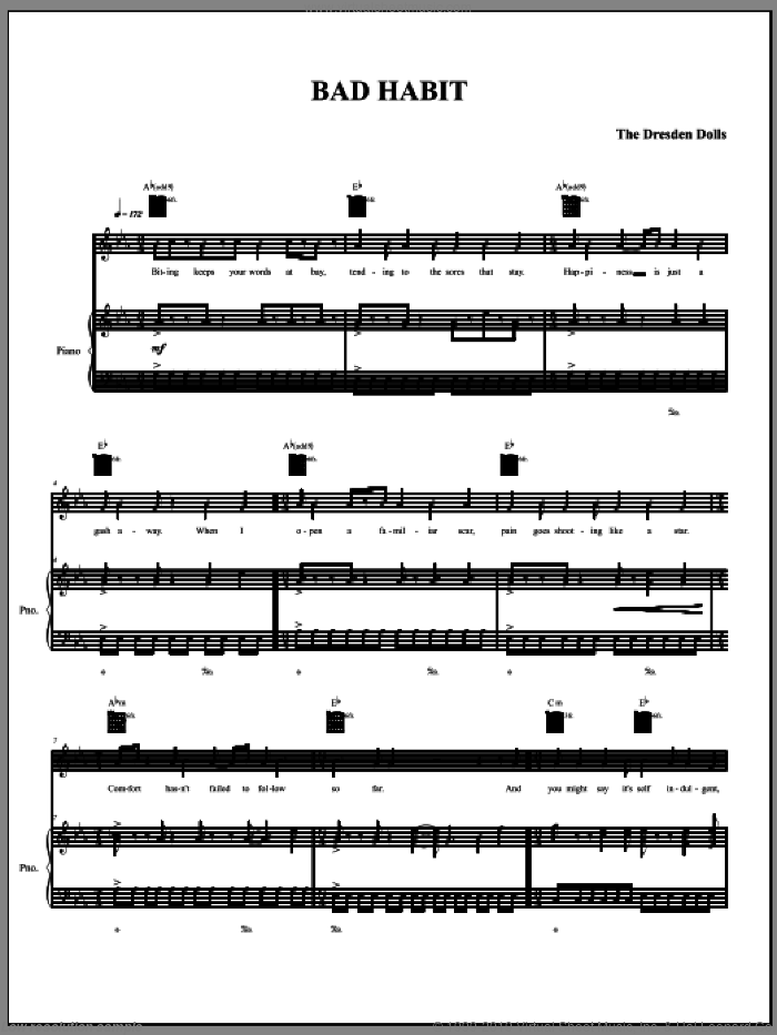 Bad Habit sheet music for voice, piano or guitar by The Dresden Dolls and Amanda Palmer, intermediate skill level