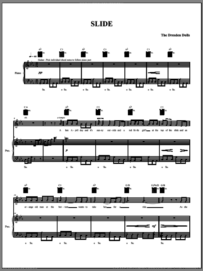 Slide sheet music for voice, piano or guitar by The Dresden Dolls and Amanda Palmer, intermediate skill level