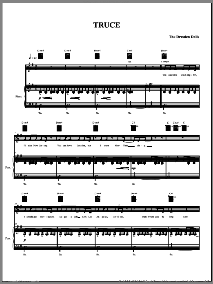 Truce sheet music for voice, piano or guitar by The Dresden Dolls and Amanda Palmer, intermediate skill level