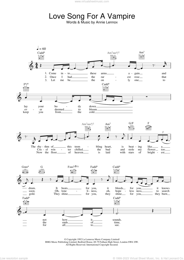Love Song For A Vampire sheet music for voice and other instruments (fake book) by Annie Lennox, intermediate skill level