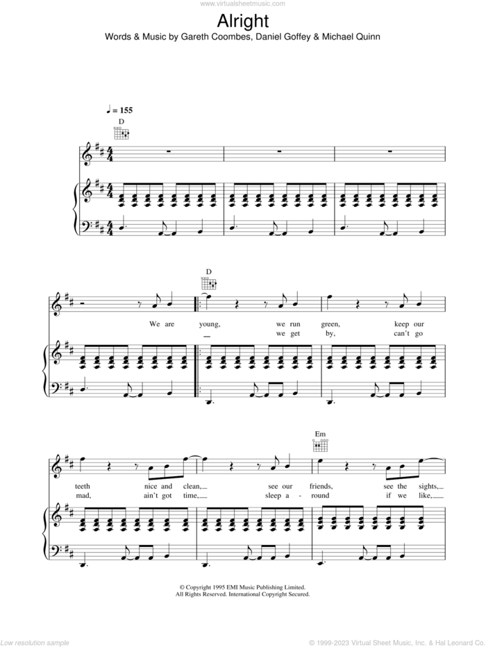 Alright sheet music for voice, piano or guitar by Supergrass, intermediate skill level