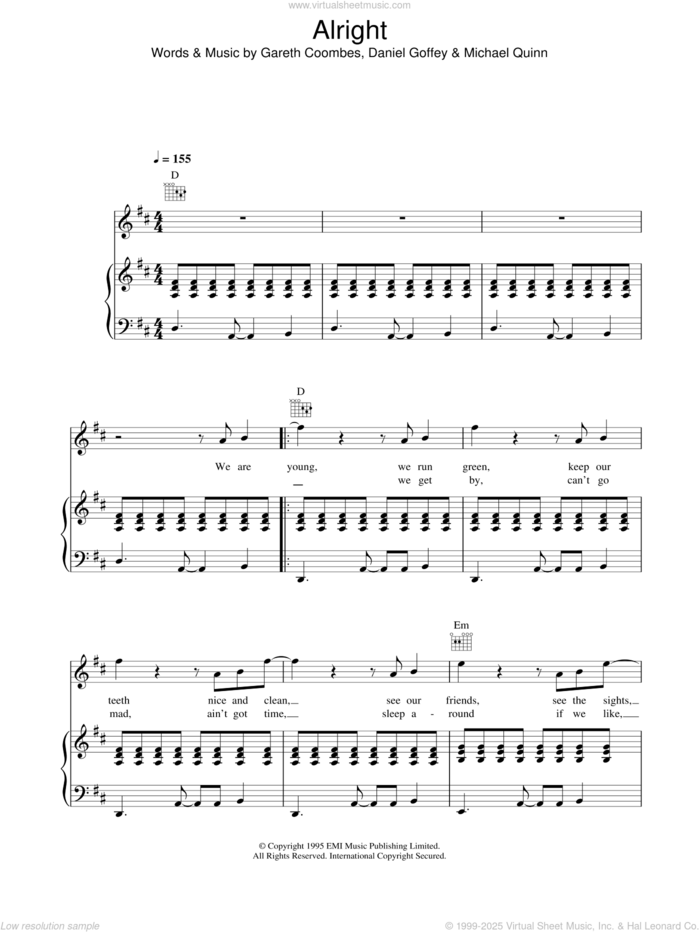 Alright sheet music for voice, piano or guitar by Supergrass, intermediate skill level