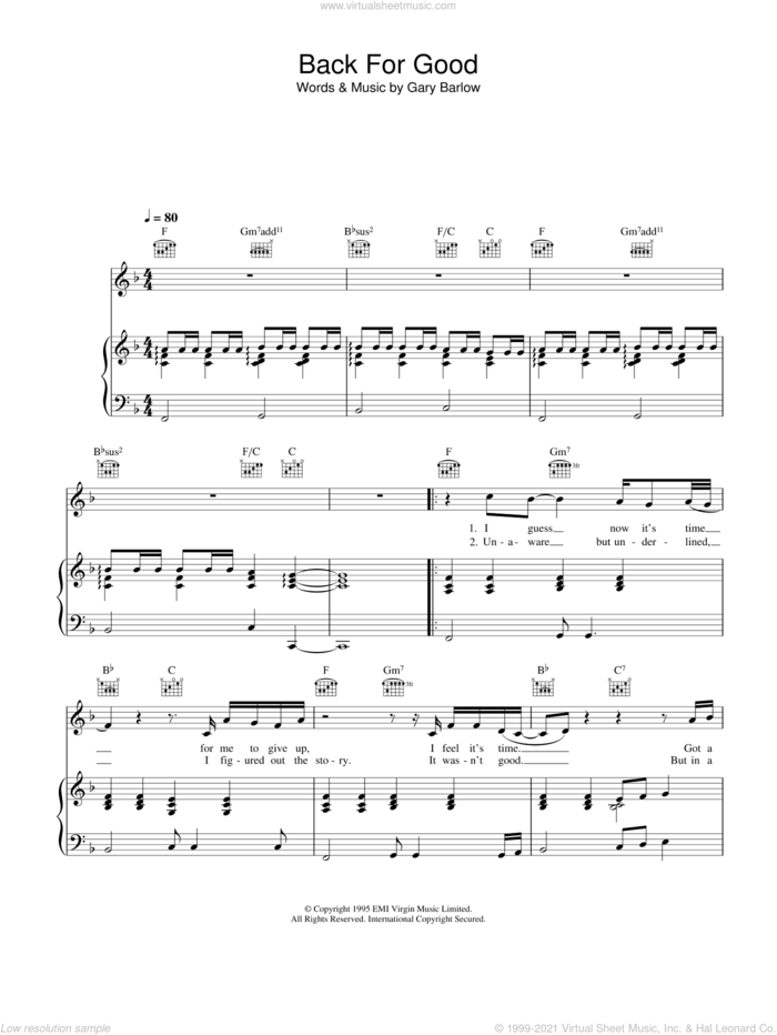 Back For Good sheet music for voice, piano or guitar by Take That, intermediate skill level