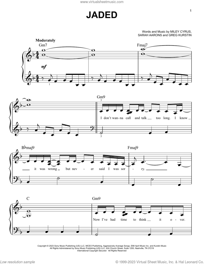 Jaded sheet music for piano solo by Miley Cyrus, Greg Kurstin and Sarah Aarons, easy skill level