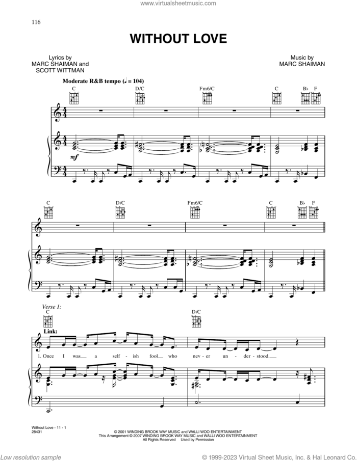 Without Love (from Hairspray) sheet music for voice, piano or guitar by Marc Shaiman & Scott Wittman, Marc Shaiman and Scott Wittman, intermediate skill level