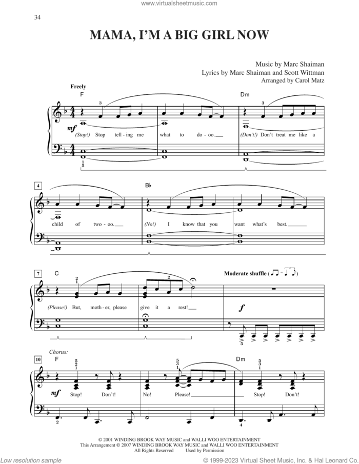 Mama, I'm A Big Girl Now (from Hairspray) (arr. Carol Matz) sheet music for piano solo by Marc Shaiman & Scott Wittman, Carol Matz, Marc Shaiman and Scott Wittman, easy skill level
