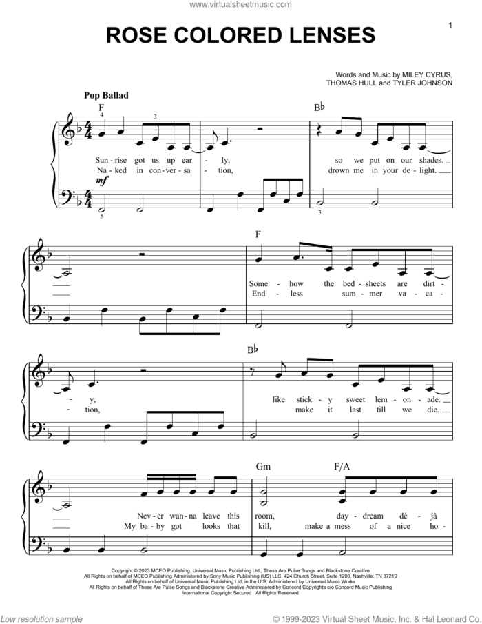 Rose Colored Lenses sheet music for piano solo by Miley Cyrus, Tom Hull and Tyler Johnson, easy skill level