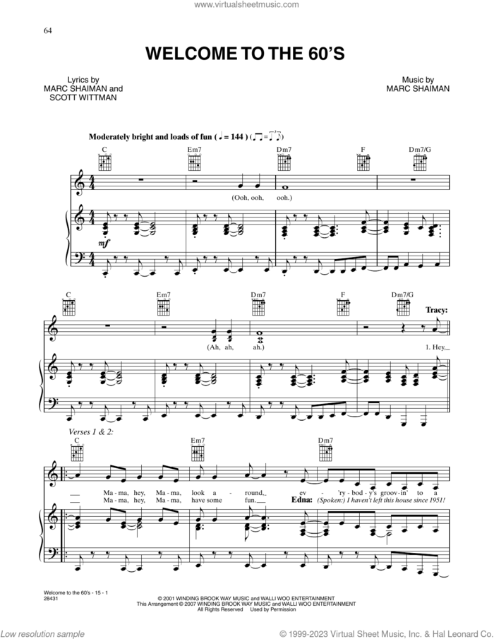 Welcome To The 60's (from Hairspray) sheet music for voice, piano or guitar by Marc Shaiman & Scott Wittman, Marc Shaiman and Scott Wittman, intermediate skill level