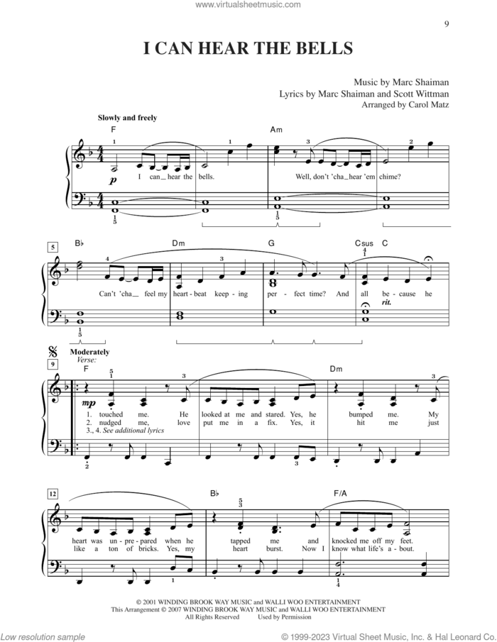 I Can Hear The Bells (from Hairspray) (arr. Carol Matz) sheet music for piano solo by Marc Shaiman & Scott Wittman, Carol Matz, Marc Shaiman and Scott Wittman, easy skill level