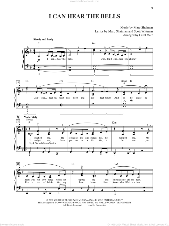 I Can Hear The Bells (from Hairspray) (arr. Carol Matz) sheet music for piano solo by Marc Shaiman & Scott Wittman, Carol Matz, Marc Shaiman and Scott Wittman, easy skill level