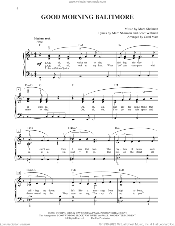 Good Morning Baltimore (from Hairspray) (arr. Carol Matz) sheet music for piano solo by Marc Shaiman & Scott Wittman, Carol Matz, Marc Shaiman and Scott Wittman, easy skill level