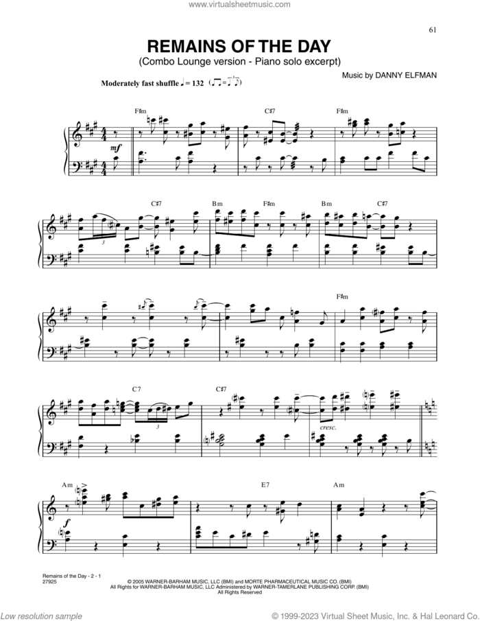 Remains Of The Day (Combo Lounge version - piano solo excerpt) (from Corpse Bride) sheet music for piano solo by Danny Elfman and John August, intermediate skill level