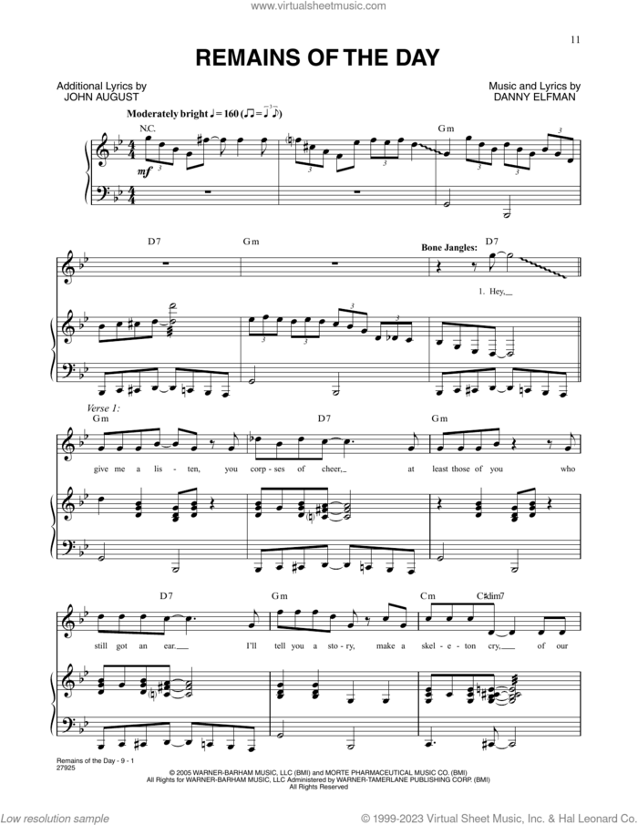 Remains Of The Day (from Corpse Bride) sheet music for voice and piano by Danny Elfman and John August, intermediate skill level