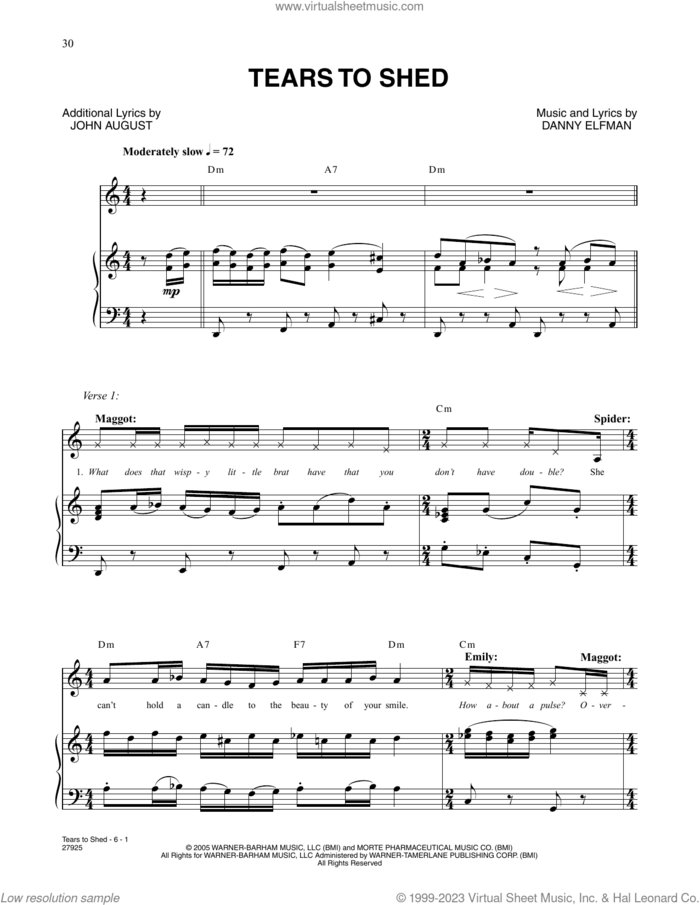Tears To Shed (from Corpse Bride) sheet music for voice and piano by Danny Elfman and John August, intermediate skill level