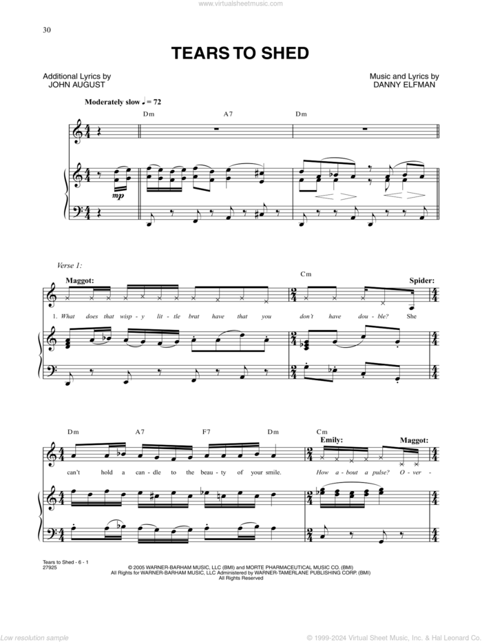 Tears To Shed (from Corpse Bride) sheet music for voice and piano by Danny Elfman and John August, intermediate skill level