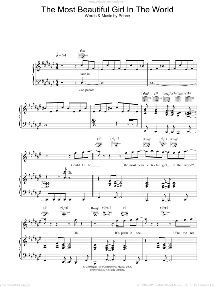 The Most Beautiful Girl In The World sheet music for voice, piano or guitar by Prince, intermediate skill level