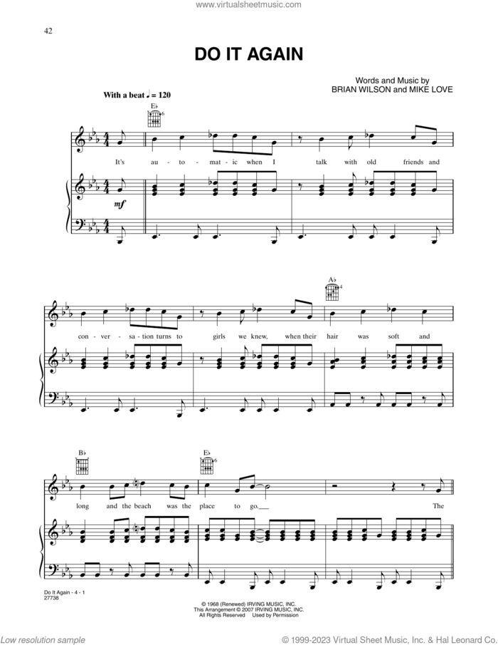 Do It Again sheet music for voice, piano or guitar by The Beach Boys, Brian Wilson and Mike Love, intermediate skill level