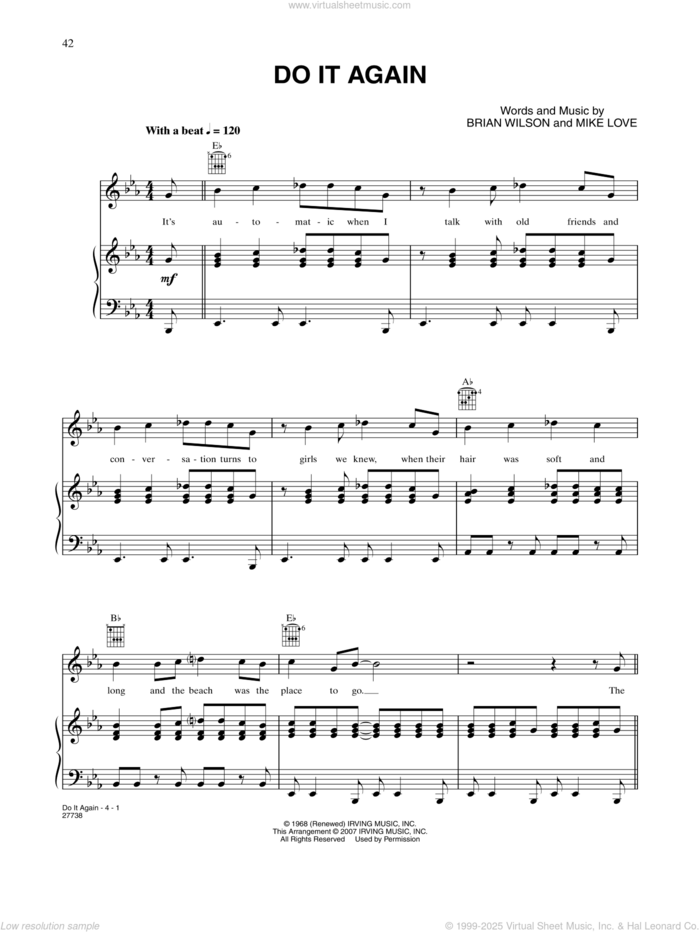 Do It Again sheet music for voice, piano or guitar by The Beach Boys, Brian Wilson and Mike Love, intermediate skill level