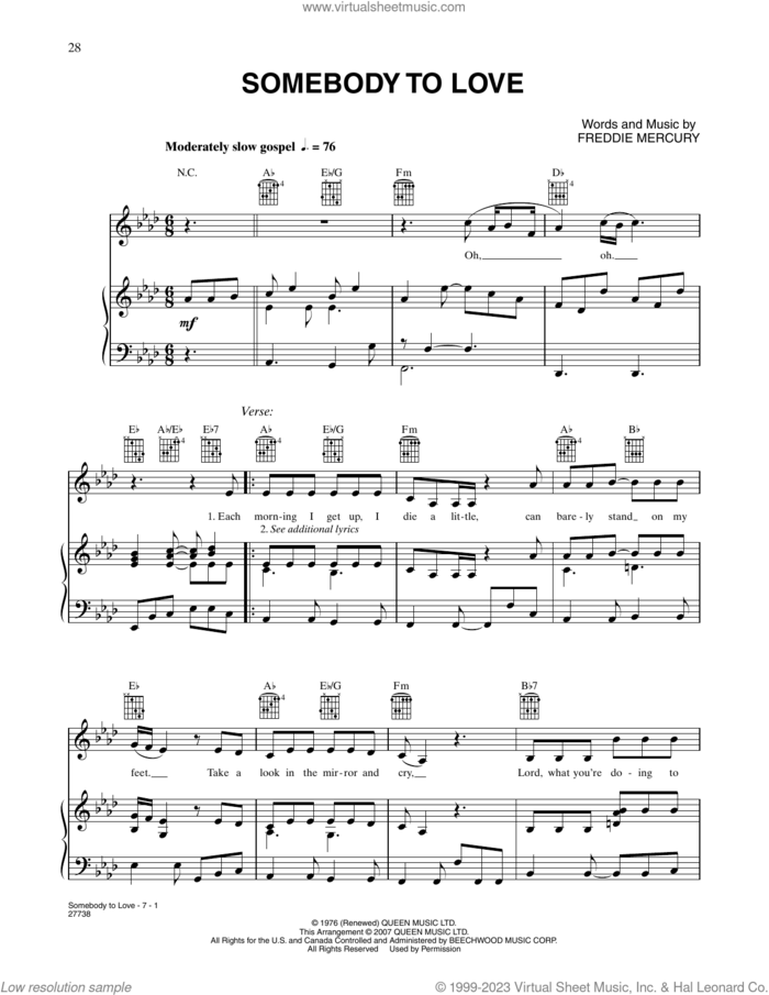 Somebody To Love (from Happy Feet) sheet music for voice, piano or guitar by Freddie Mercury, Brittany Murphy and Queen, intermediate skill level