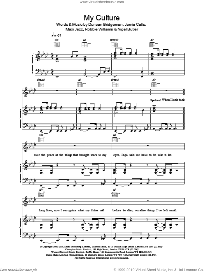 My Culture sheet music for voice, piano or guitar by One Giant Leap, intermediate skill level