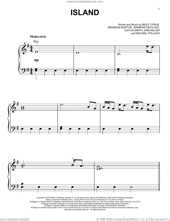 Island sheet music for piano solo by Miley Cyrus, B.J. Burton, Caitlin Smith, Dani Miller, Jennifer Decilveo and Michael Pollack, easy skill level