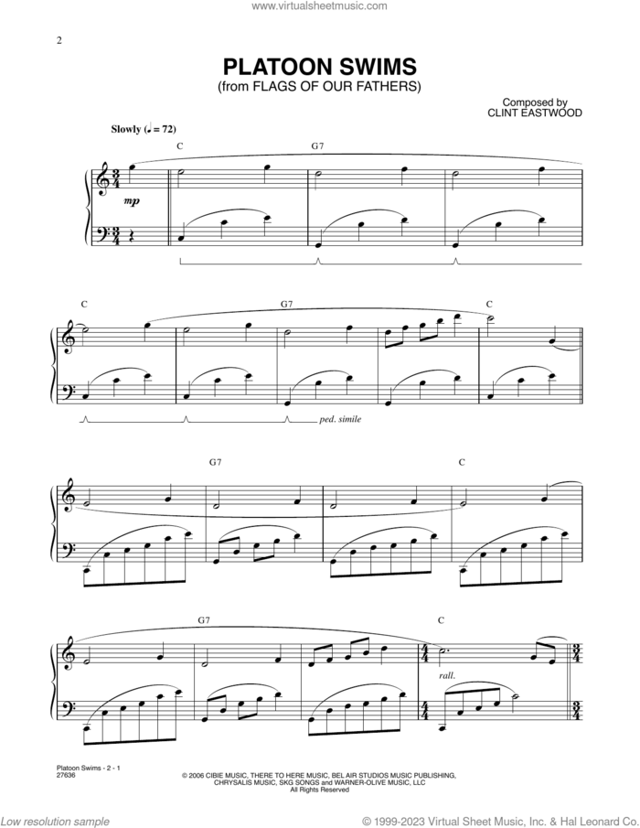 Platoon Swims (from Flags Of Our Fathers) sheet music for piano solo by Lennie Niehaus and Clint Eastwood, intermediate skill level